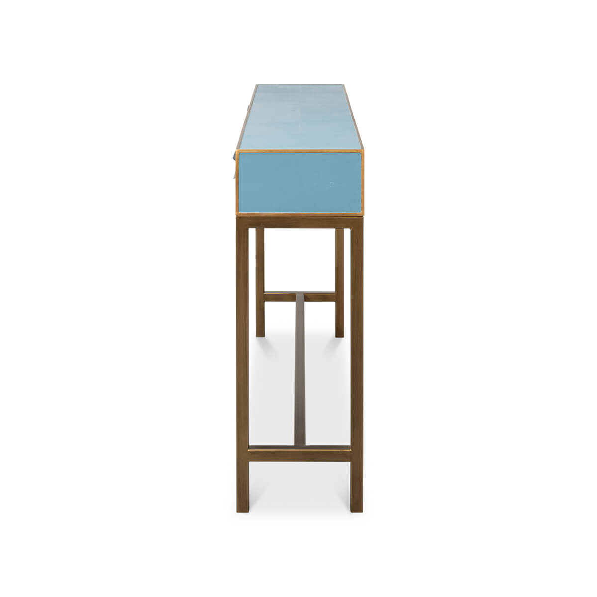 Side profile of blue leather console table.