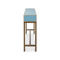 Side profile of blue leather console table.