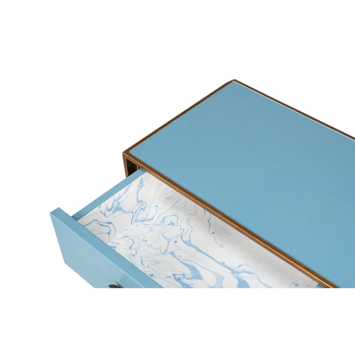 Drawer interior with blue pattern, console table.