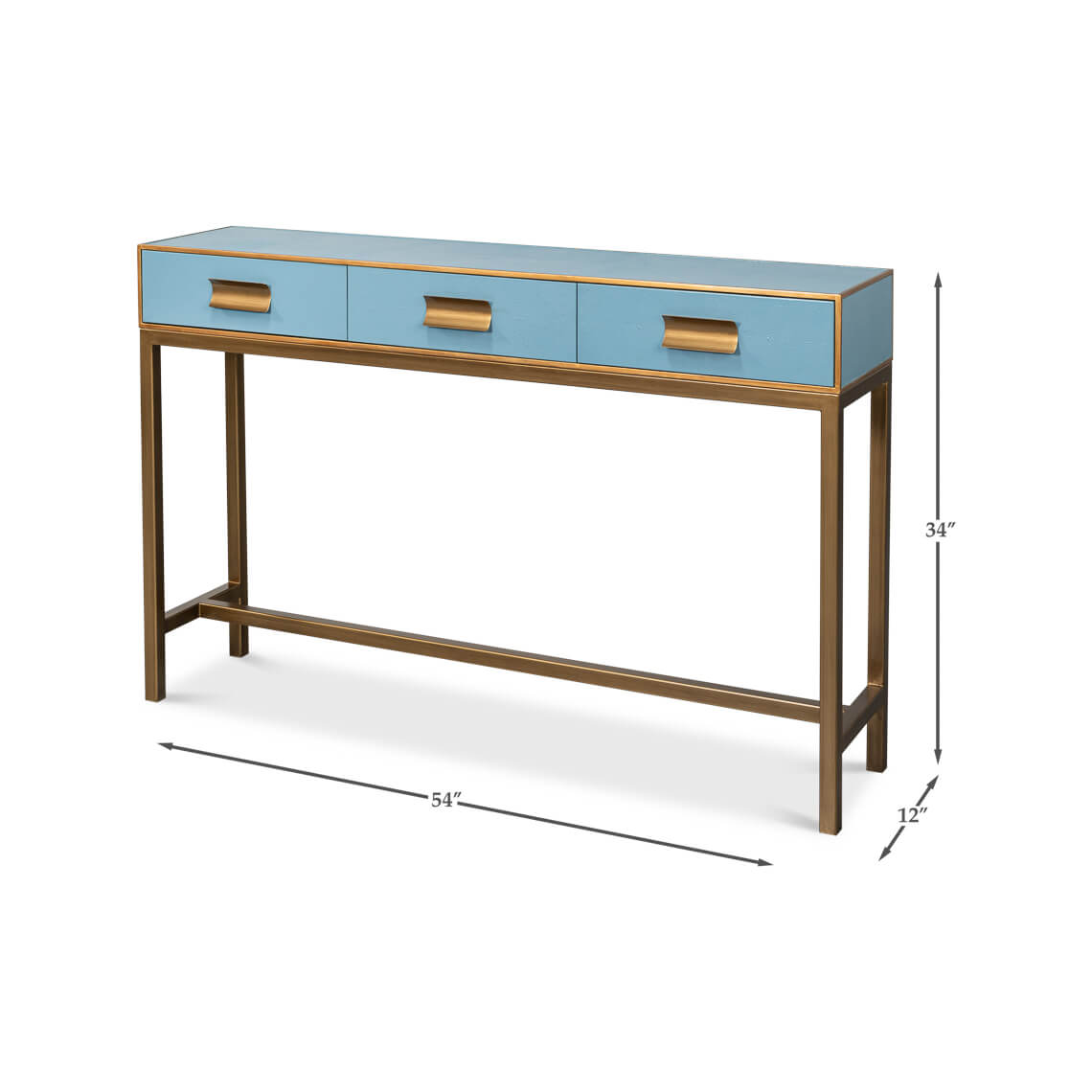 Full view, dimensions of blue leather console table.