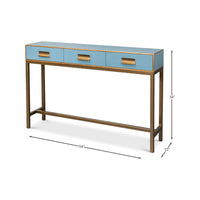 Full view, dimensions of blue leather console table.