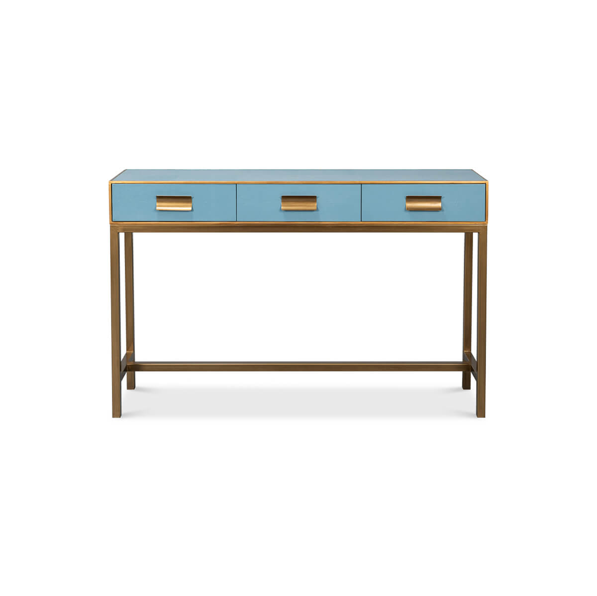 Blue leather console table, three drawers, front view.