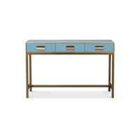 Blue leather console table, three drawers, front view.