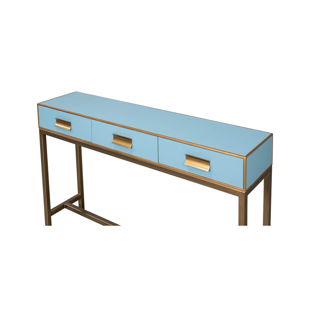 Blue console table, angled top view.