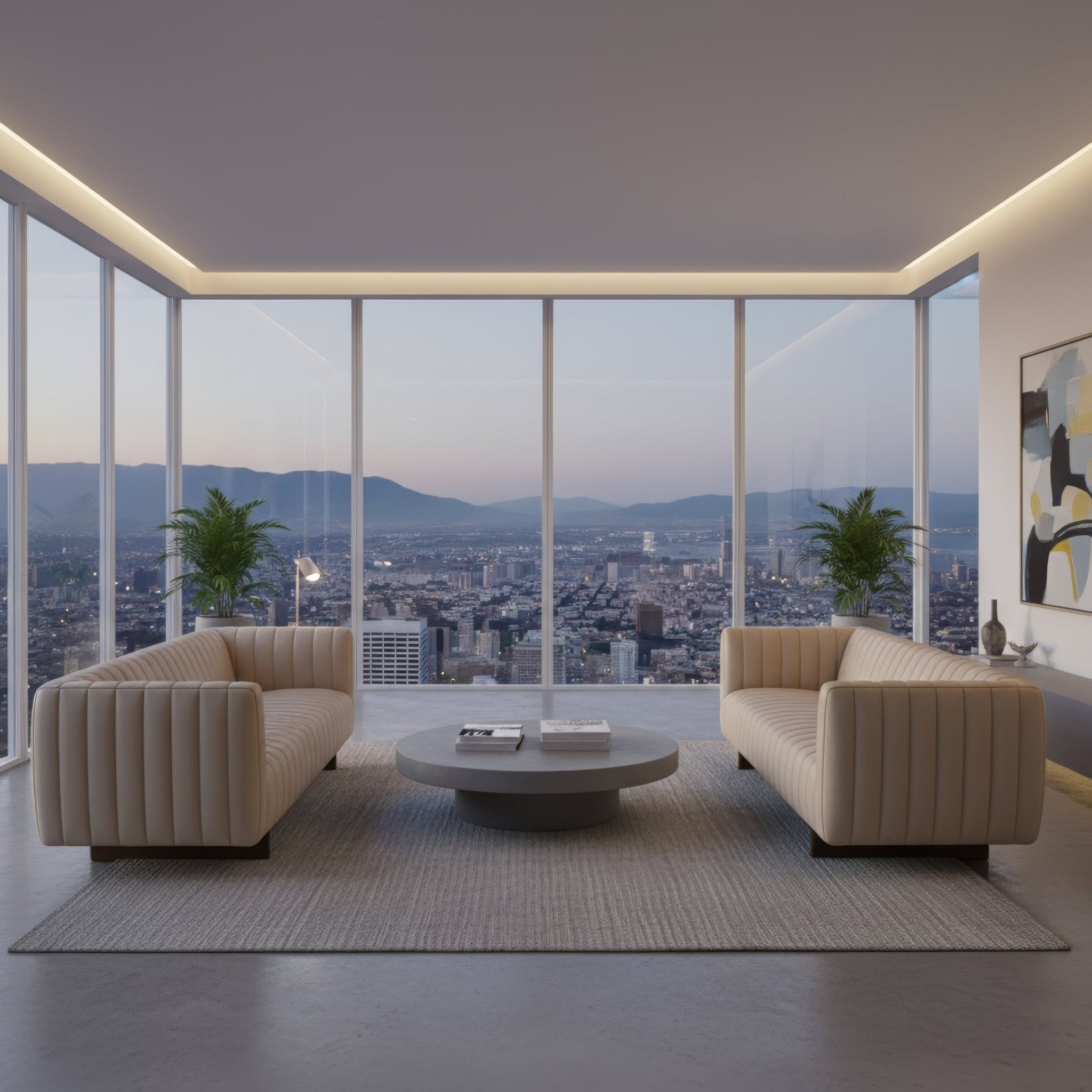 Living room with two modern white leather sofas.