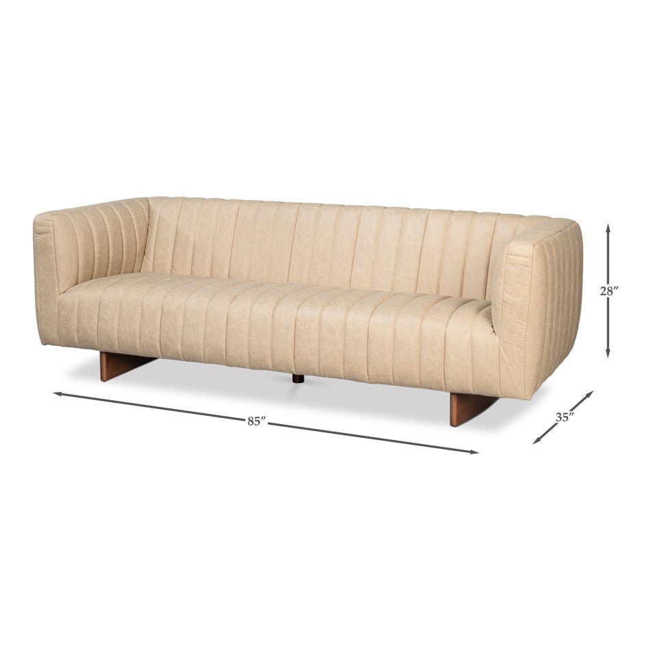 Dimensions of modern channel tufted white leather sofa shown.