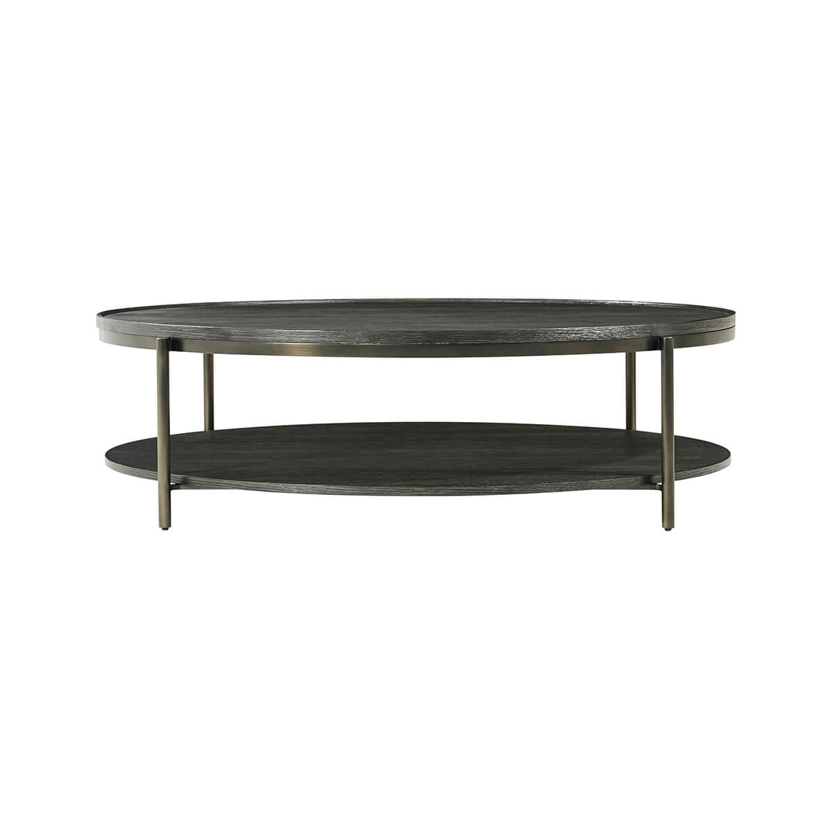 Front view of modern charcoal oak round coffee table.