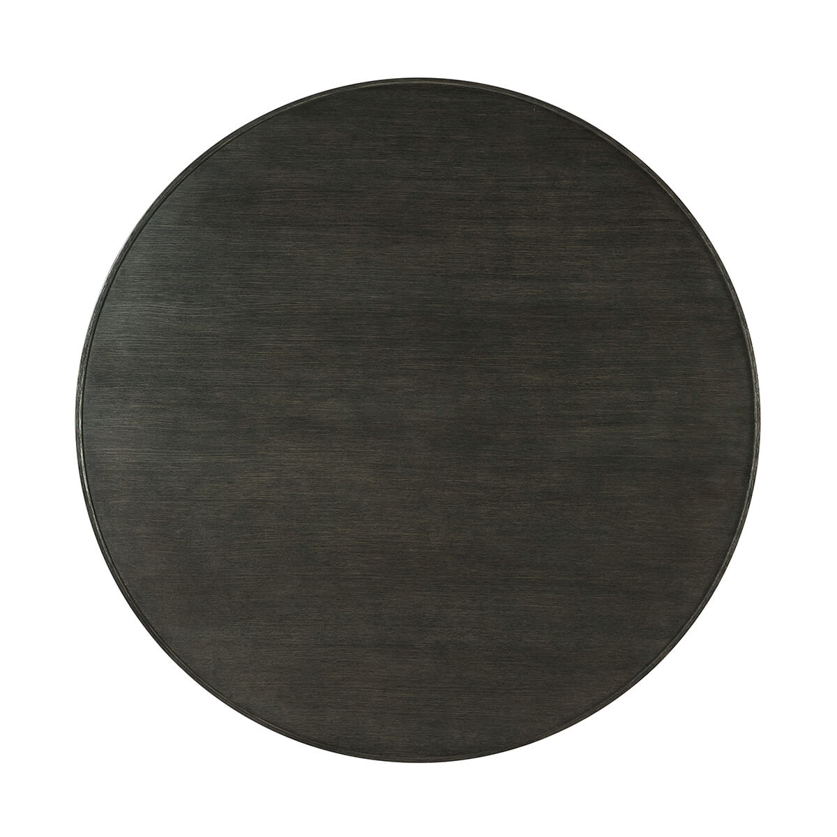 Top view of modern charcoal oak round coffee table surface.