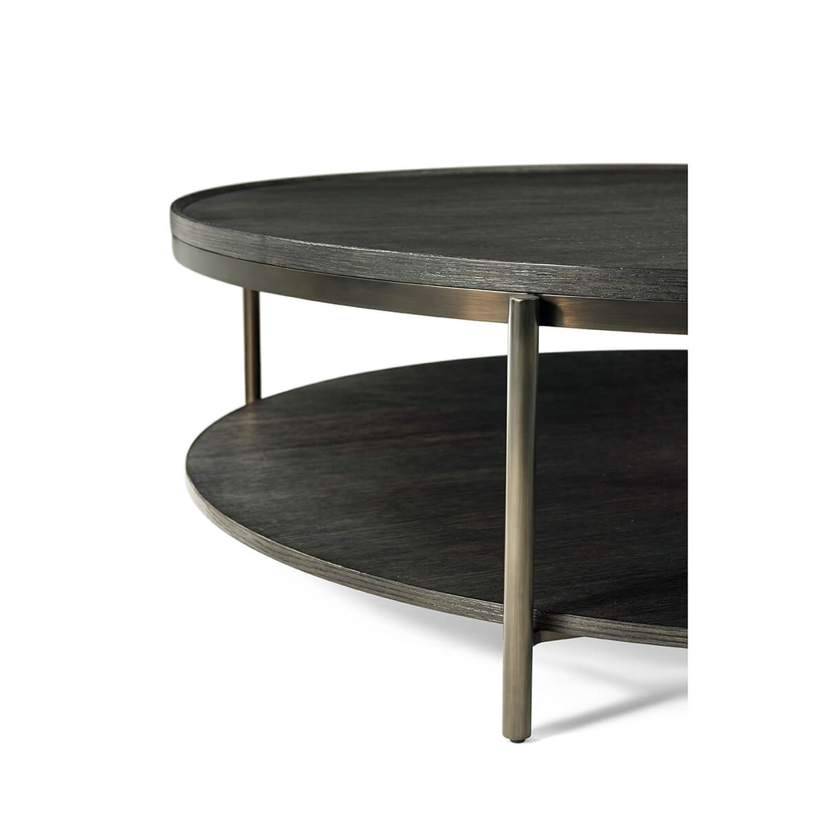 Modern charcoal oak round coffee table leg design detail.