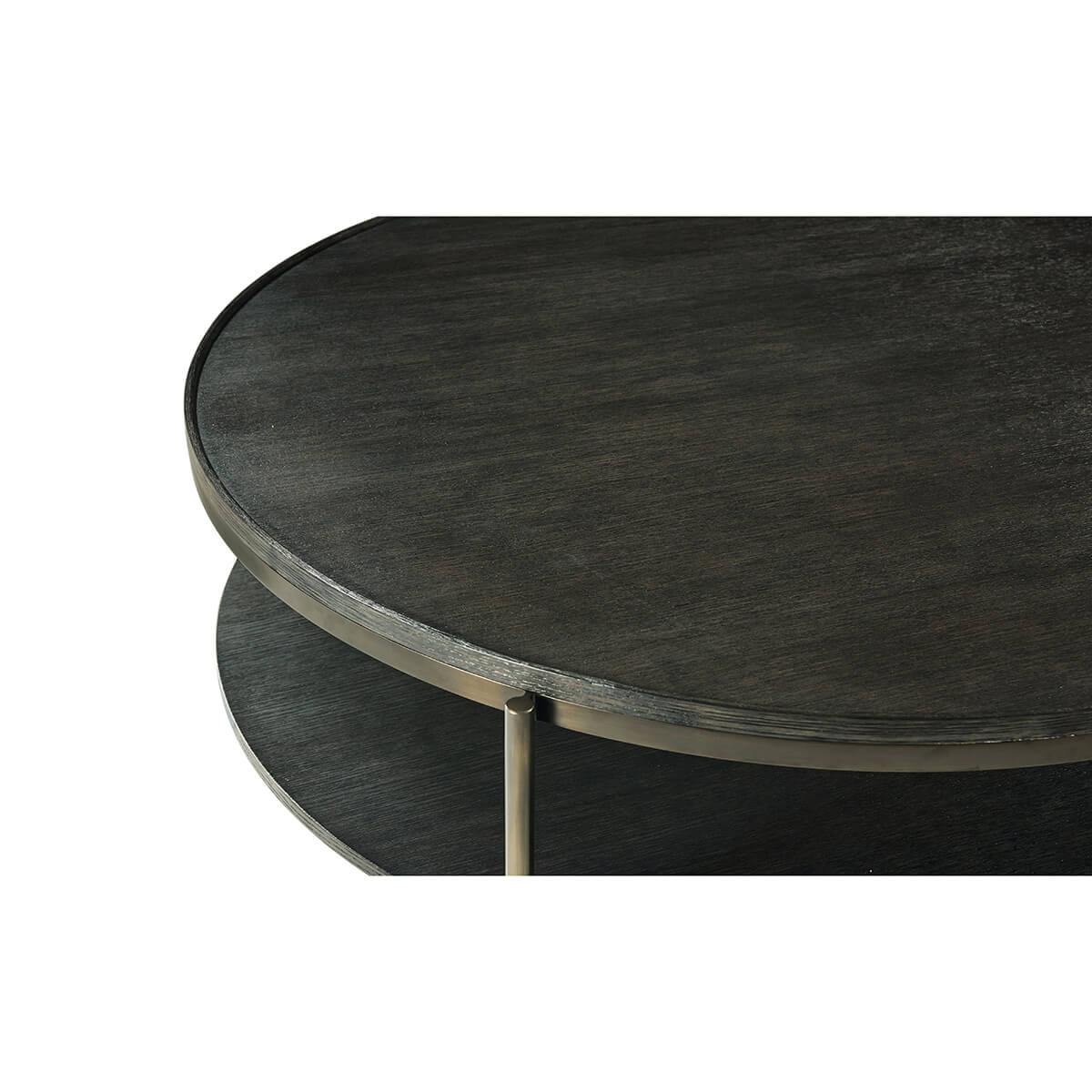Close-up corner detail of modern charcoal oak coffee table.
