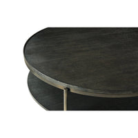 Close-up corner detail of modern charcoal oak coffee table.