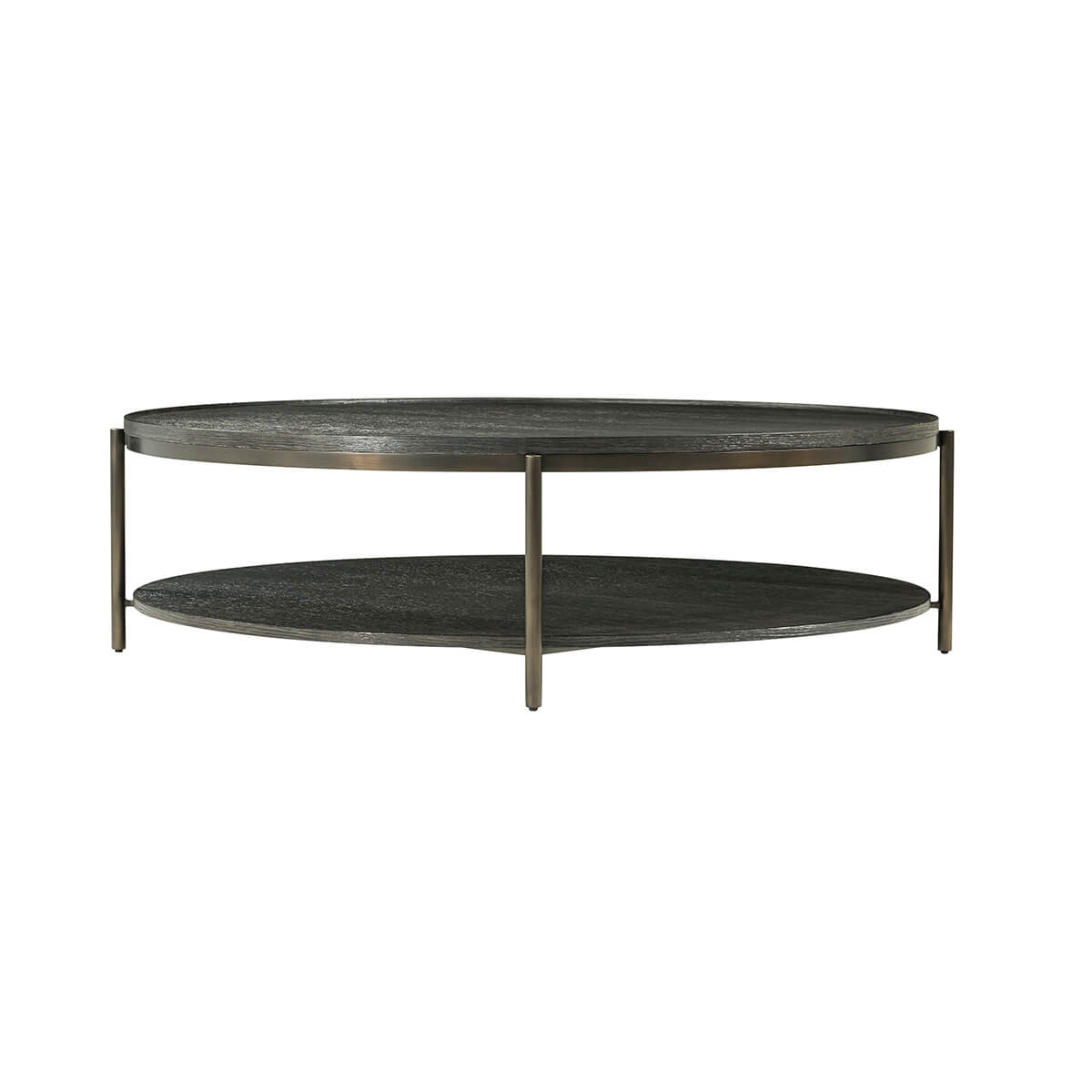 Side view of modern charcoal oak round coffee table.