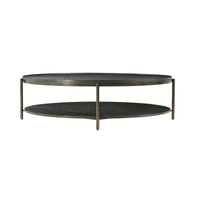 Side view of modern charcoal oak round coffee table.