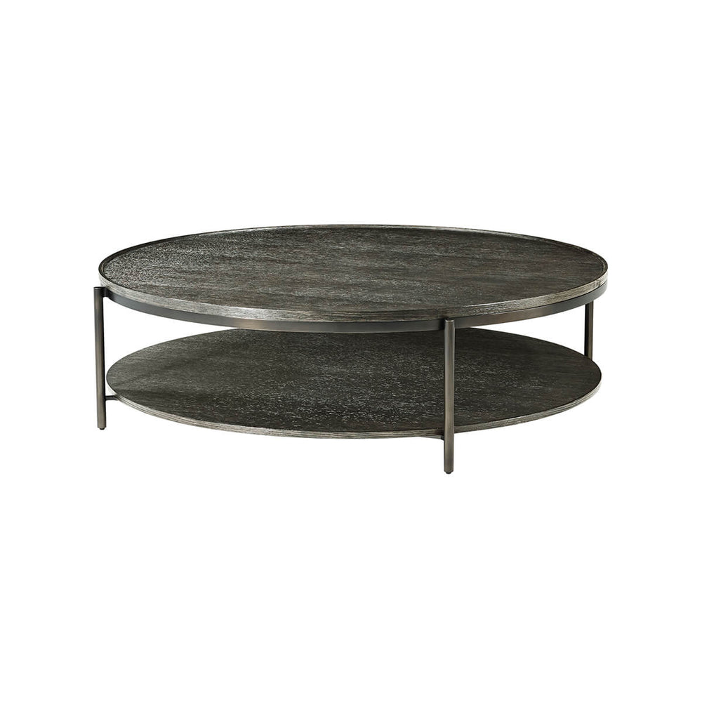 Modern charcoal oak round coffee table, angled top view.