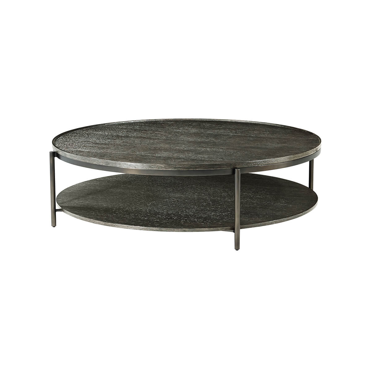 Modern charcoal oak round coffee table, angled top view.