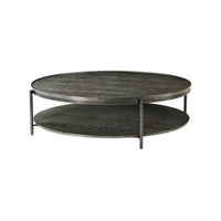 Modern charcoal oak round coffee table, angled top view.