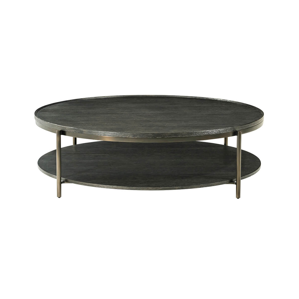 Back view of modern charcoal oak round coffee table.
