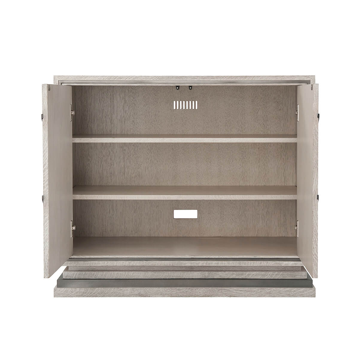 Modern chevron cabinet open showing shelves.
