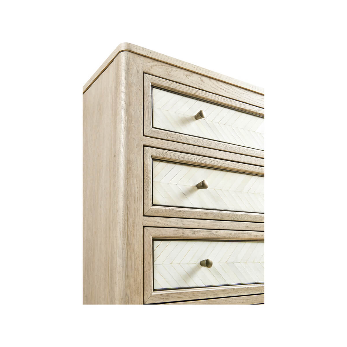 Side view of dresser showing drawer design and handles.