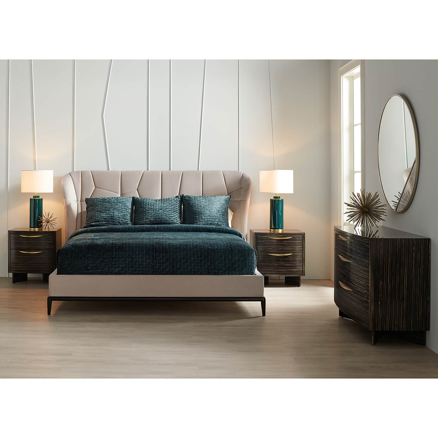 Bedroom with modern upholstered bed and stylish furniture.