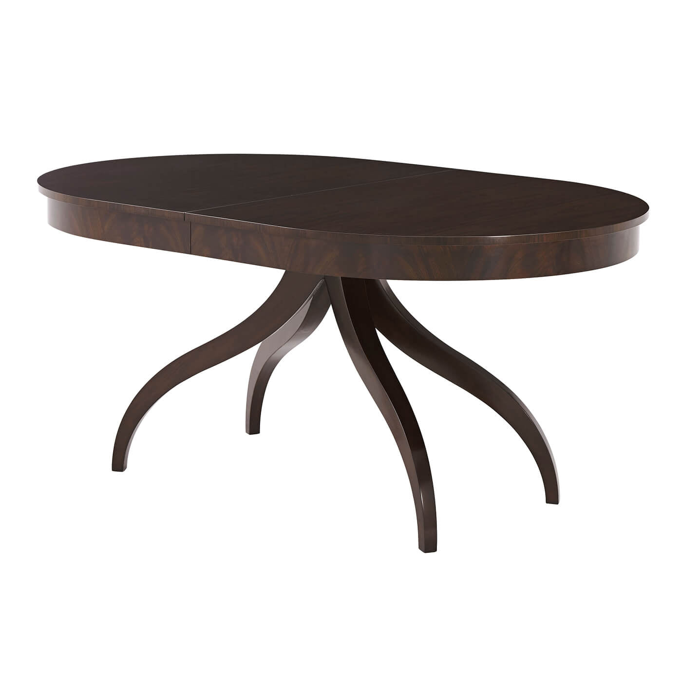 Mahogany dining table, angled view, graceful curved legs.
