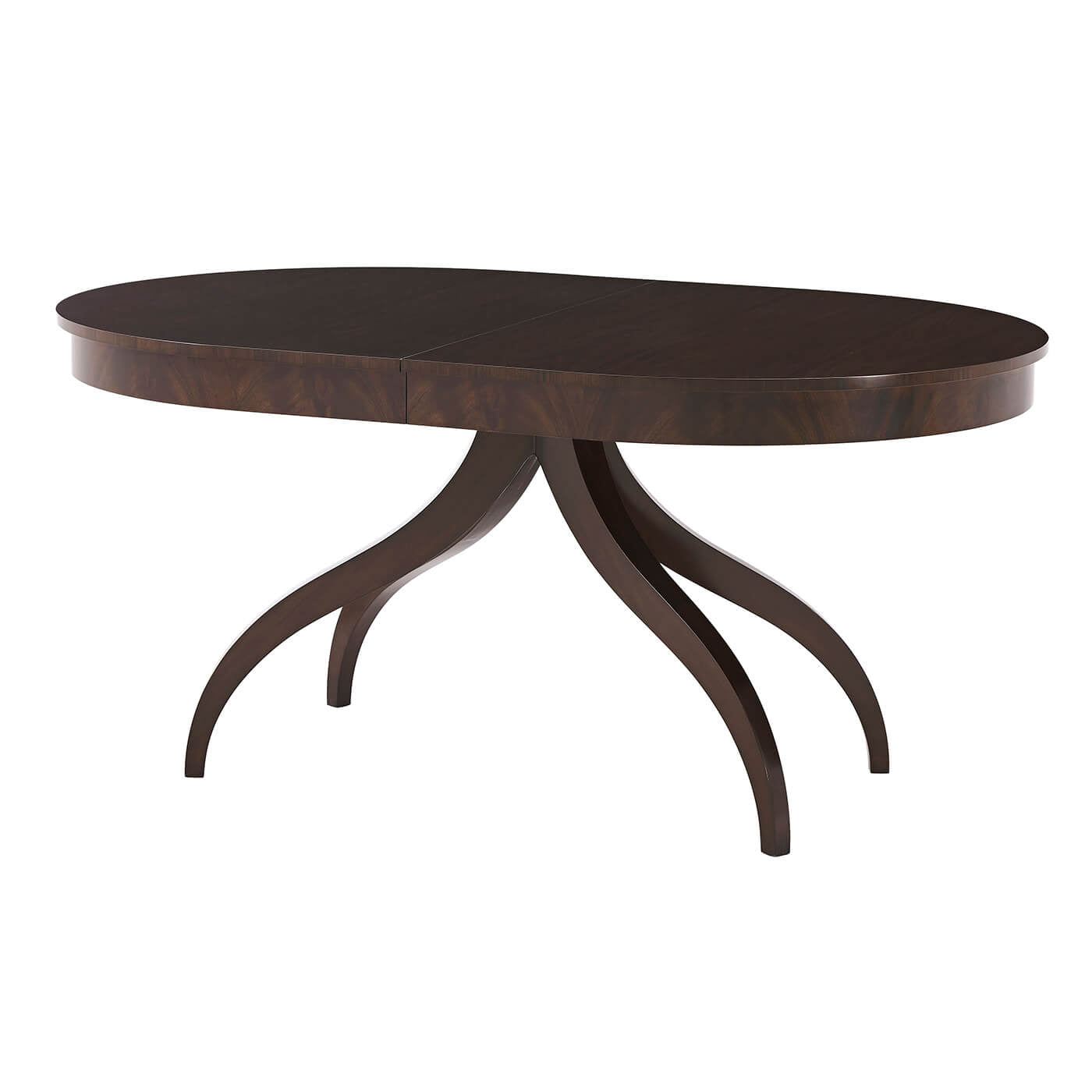 Mahogany dining table, partially extended, elegant pedestal base.