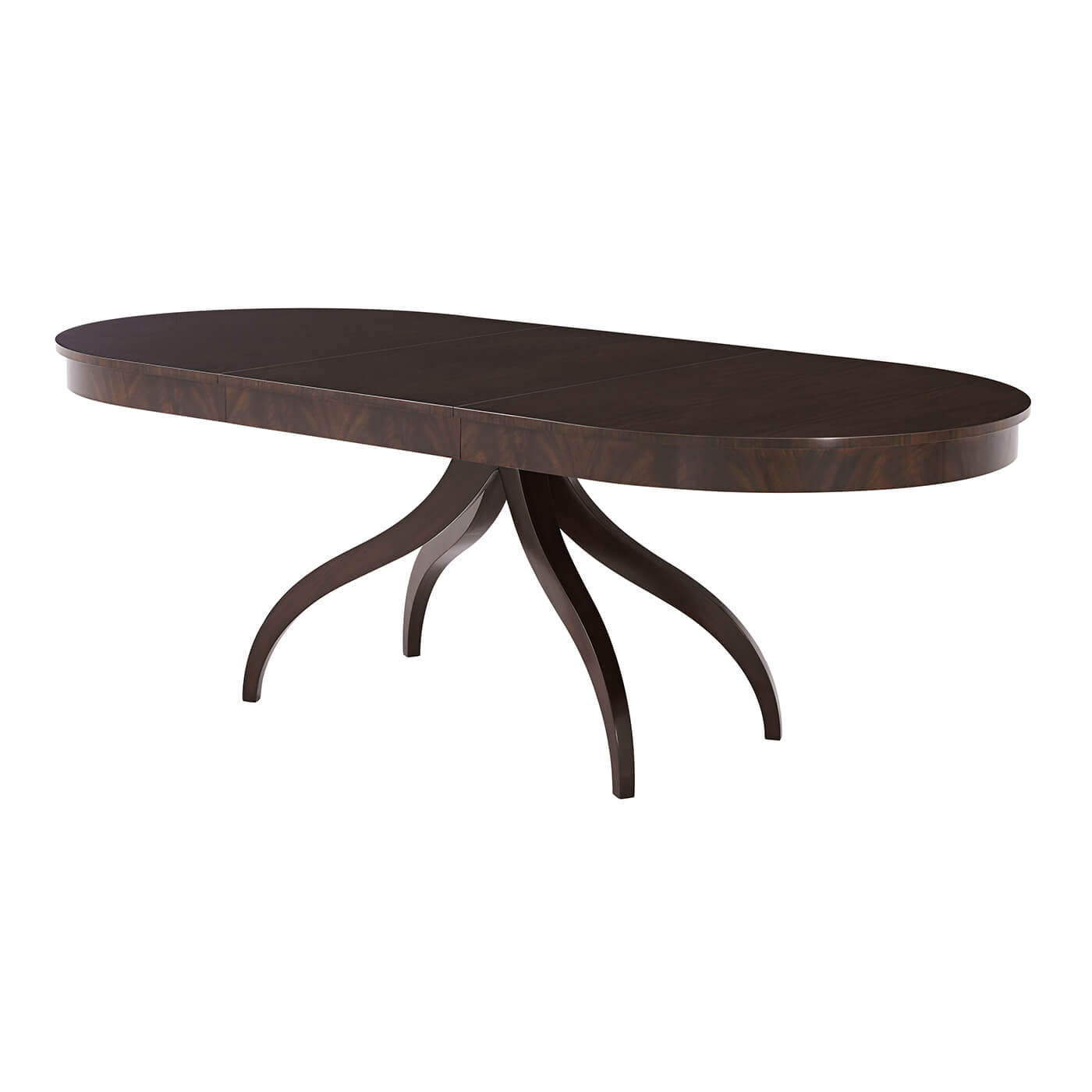 Mahogany dining table, full view, sleek modern extension.