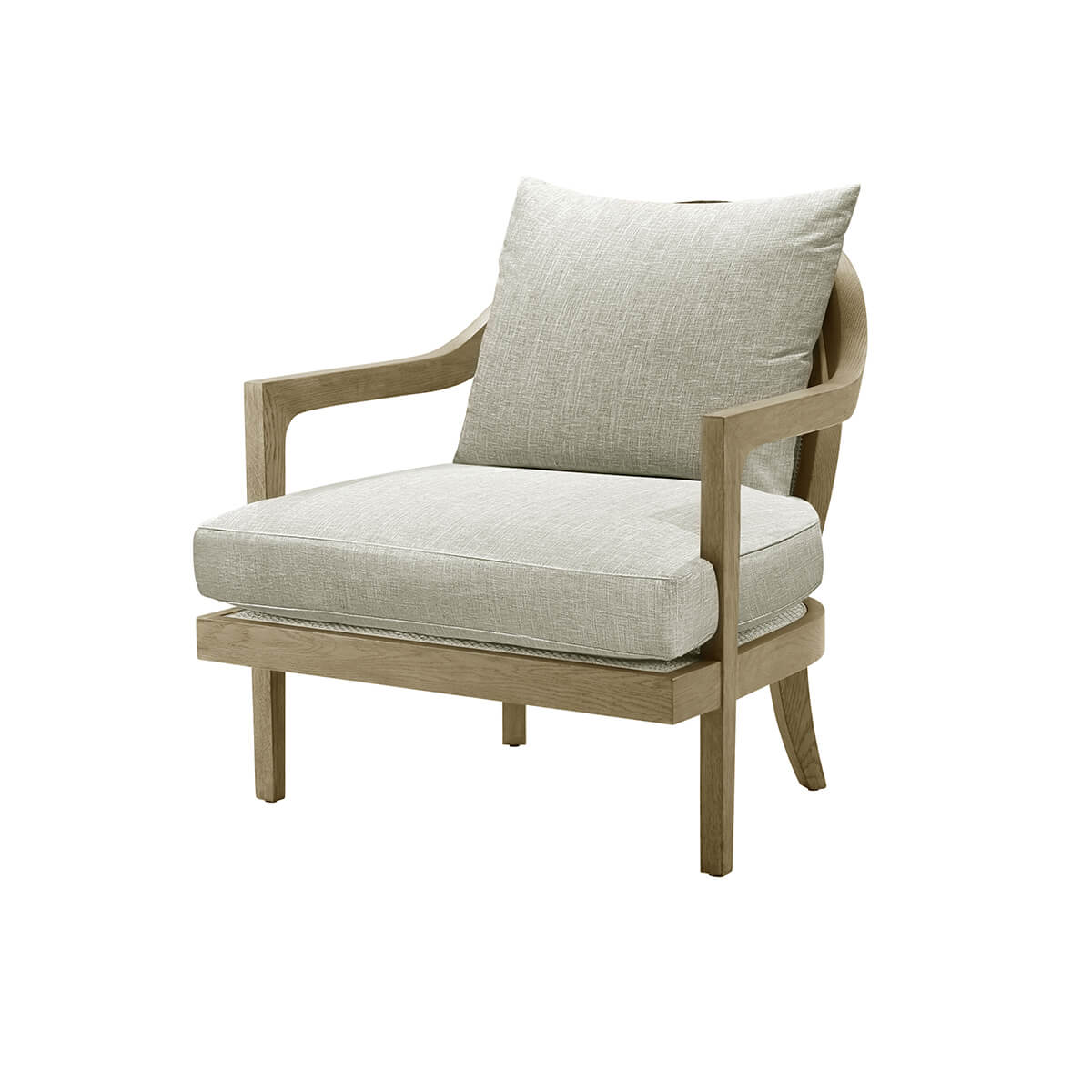 Modern coastal armchair with cushion, front view.