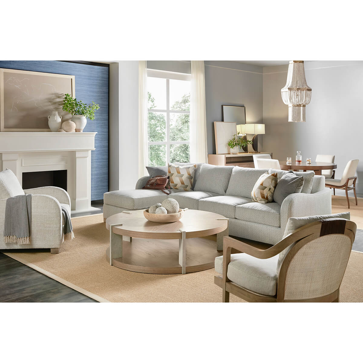 Modern coastal armchair in stylish living room setting.