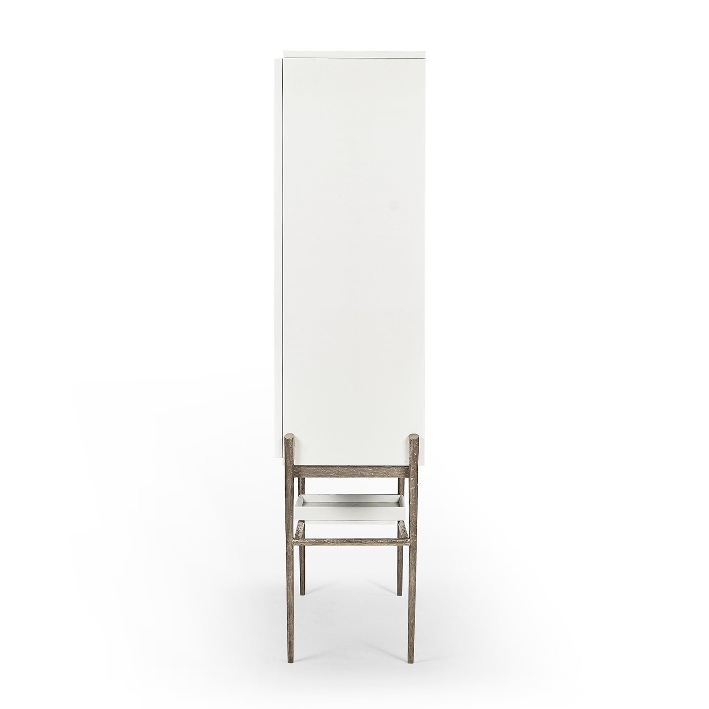 Side view of bar cabinet with metal stand.