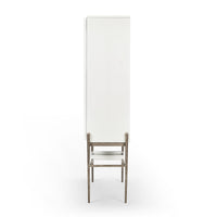 Side view of bar cabinet with metal stand.