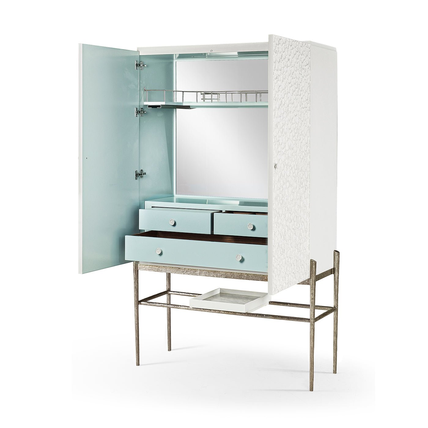 Open bar cabinet, aqua drawers and mirrored back.