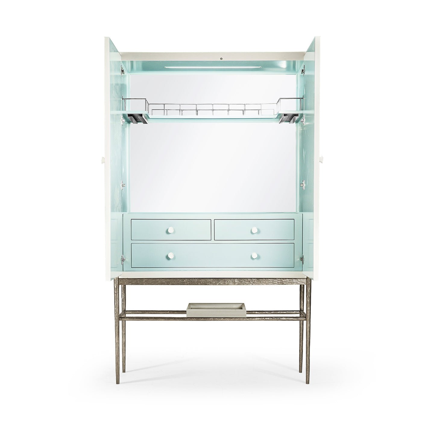 Interior of bar cabinet, drawers and glass rack.