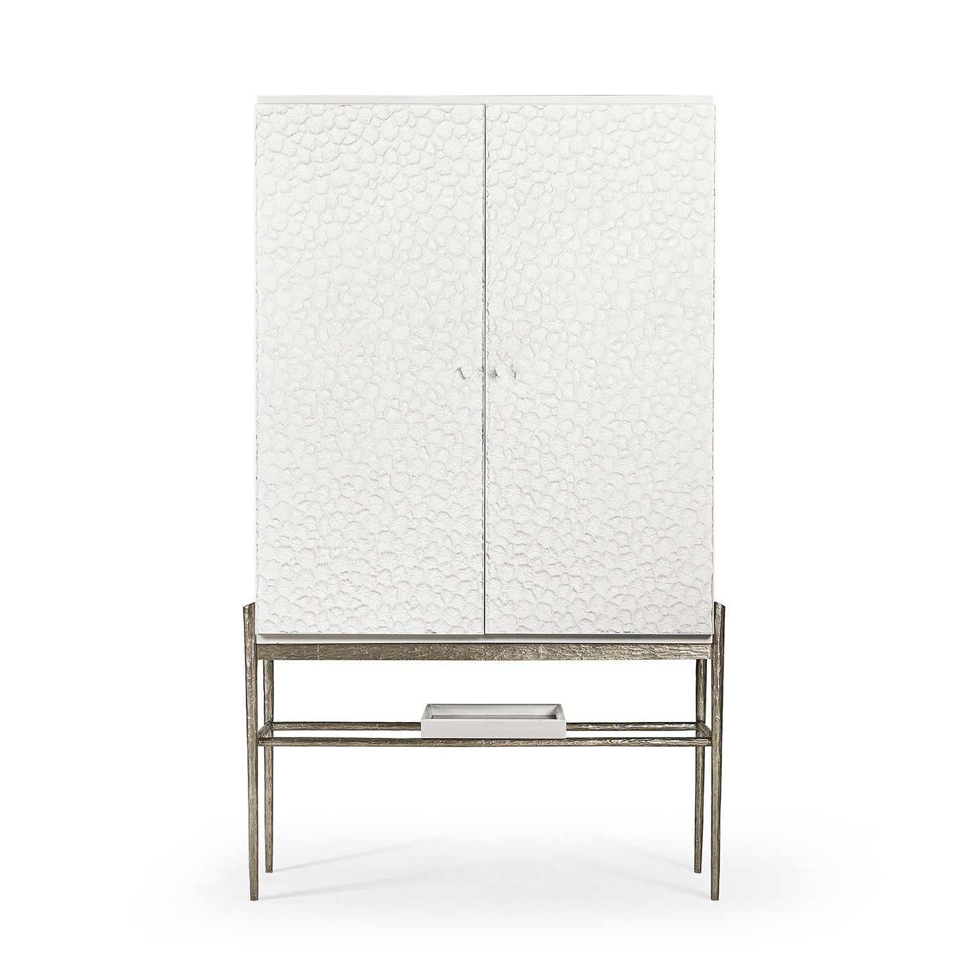 Modern bar cabinet with textured white doors, front view.