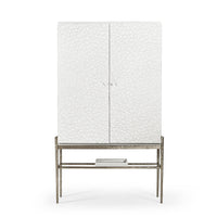 Modern bar cabinet with textured white doors, front view.
