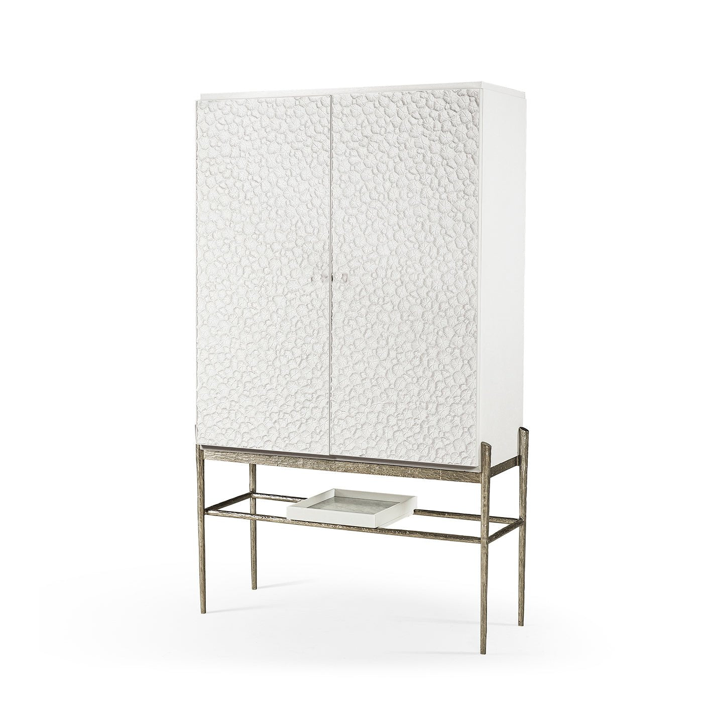 Textured white bar cabinet on metal stand, doors closed.
