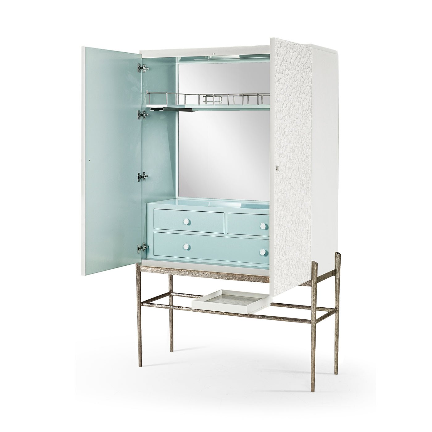 Open bar cabinet, aqua interior with shelves and drawers.
