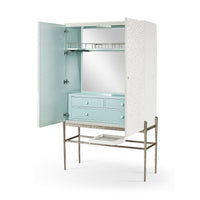 Open bar cabinet, aqua interior with shelves and drawers.