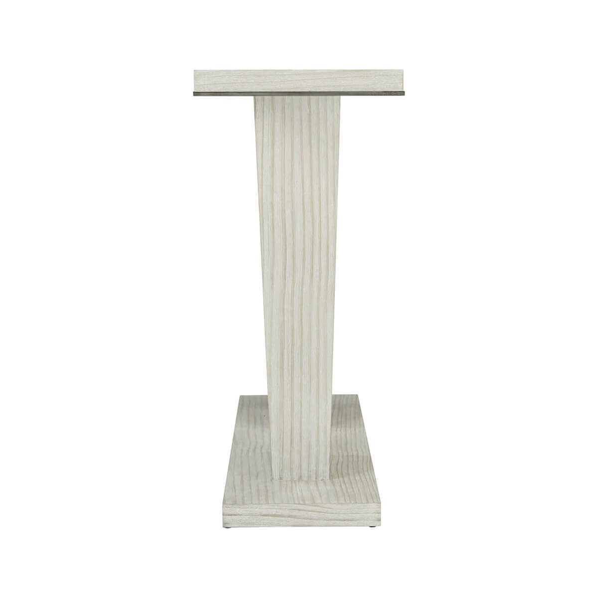 End-on view of modern coastal console table's support.
