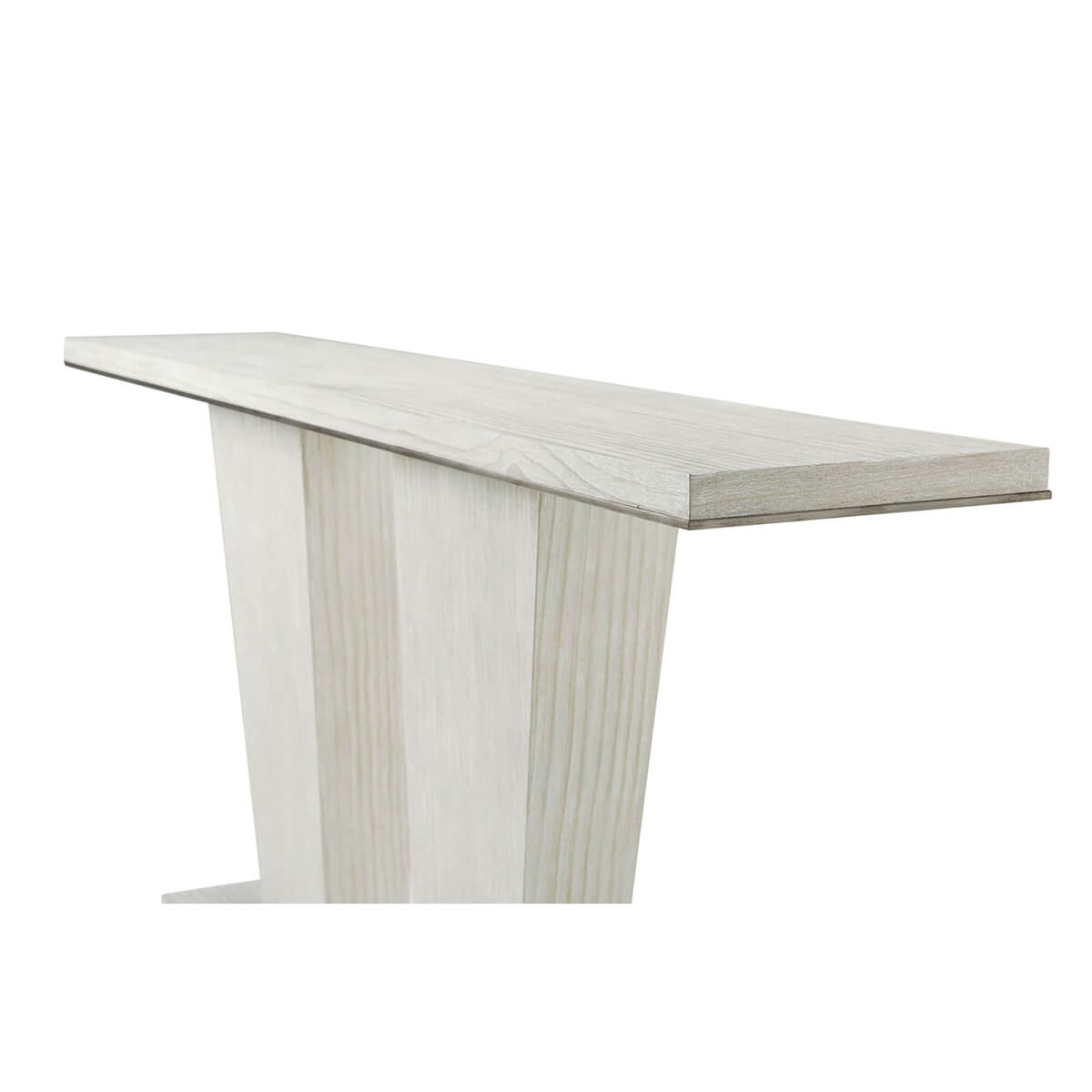 Close-up of modern coastal console table's tabletop and support.