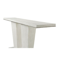 Close-up of modern coastal console table's tabletop and support.