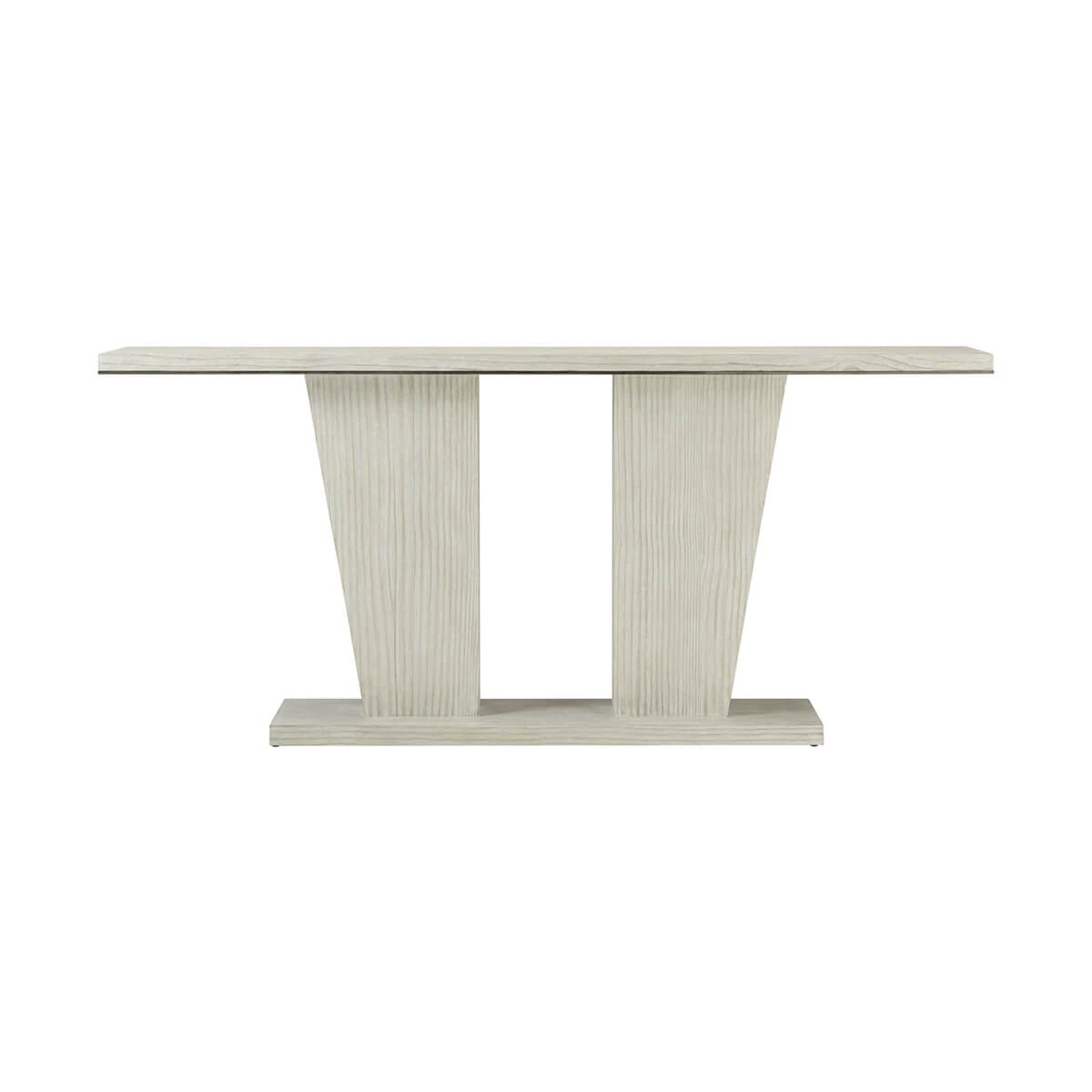 Front view of modern coastal console table, minimalist design.