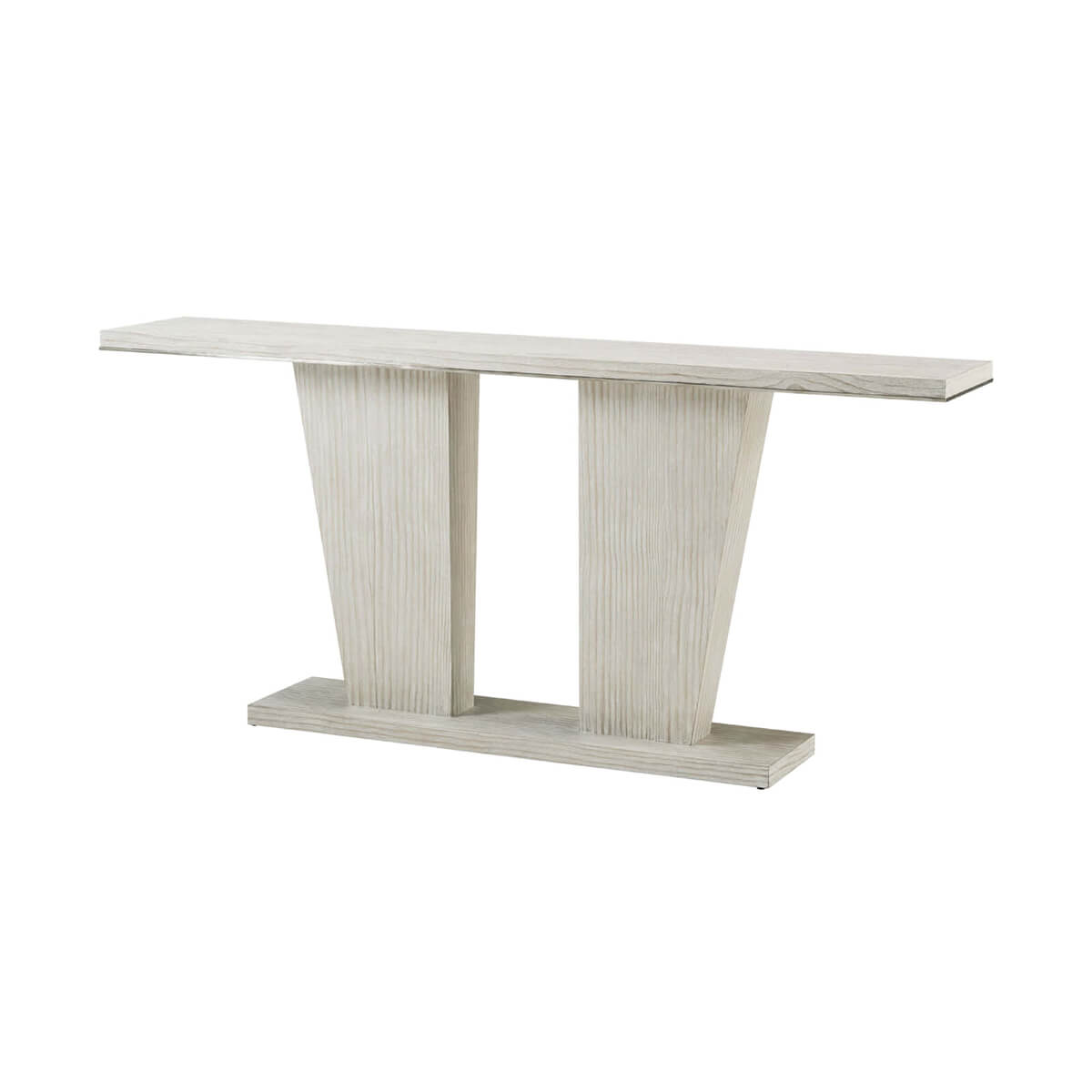 Angled view of modern coastal console table, front and side.