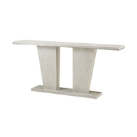 Angled view of modern coastal console table, front and side.
