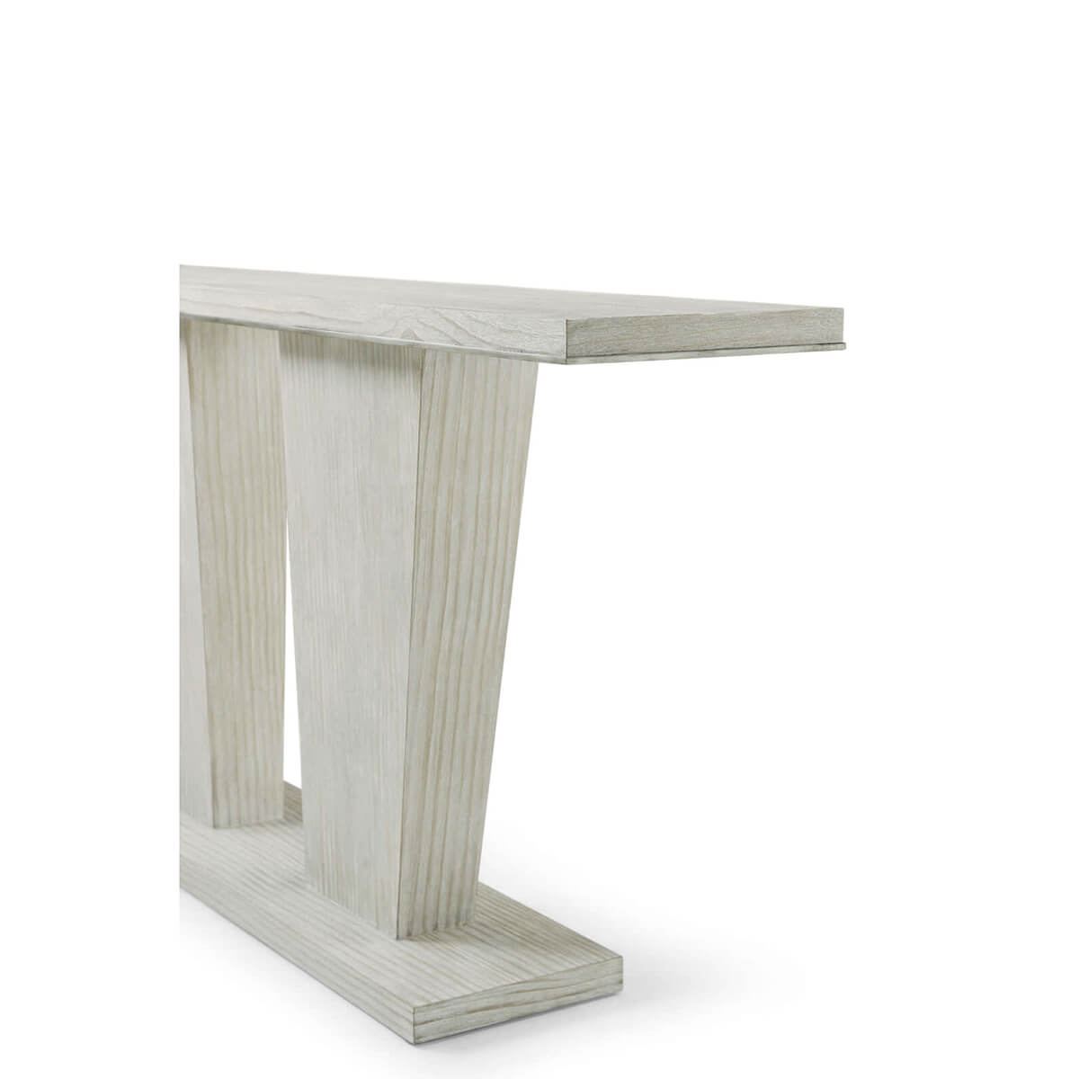 Side perspective showing modern coastal console table's structure.