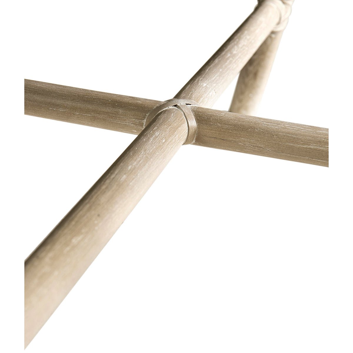 Underneath view of coastal dining chair's wooden crossbars.