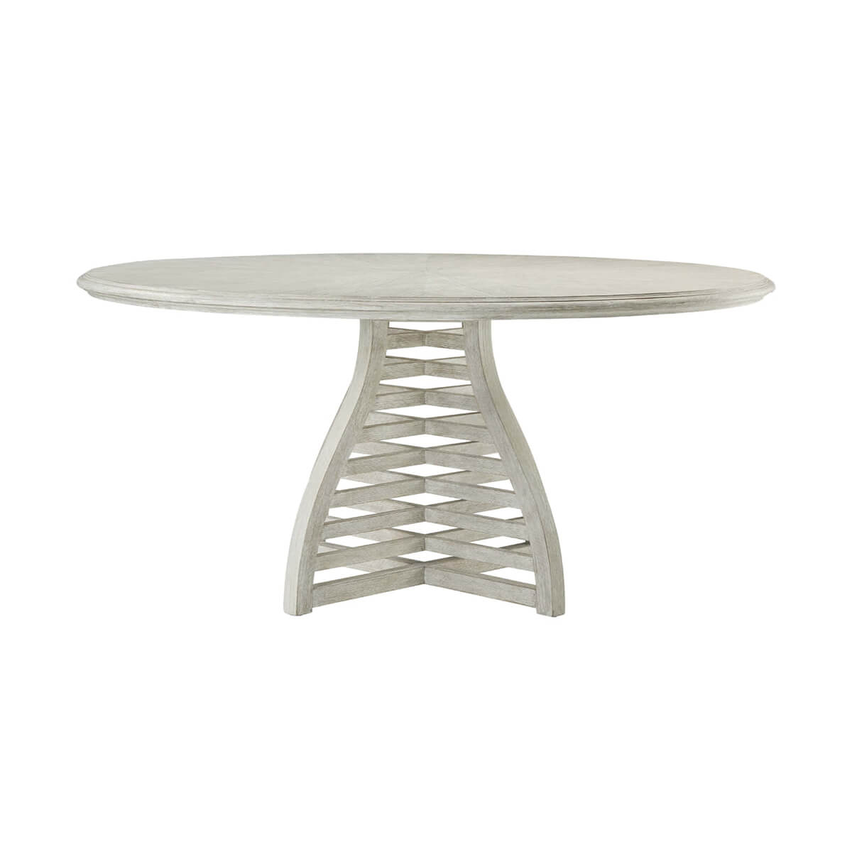 Modern dining table with curved lattice base, side view.