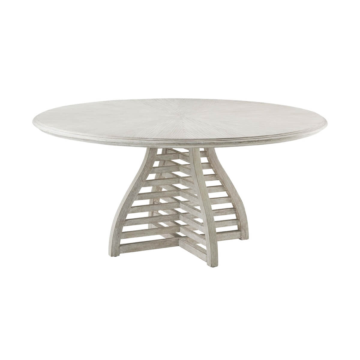 Round dining table with lattice base, angled view.