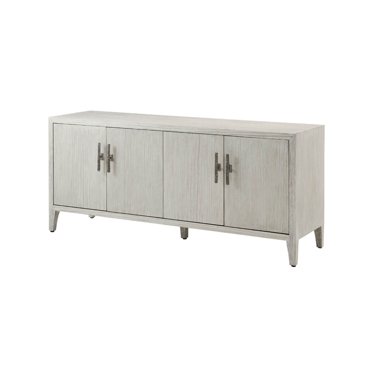 Modern coastal entertainment cabinet angled front view.