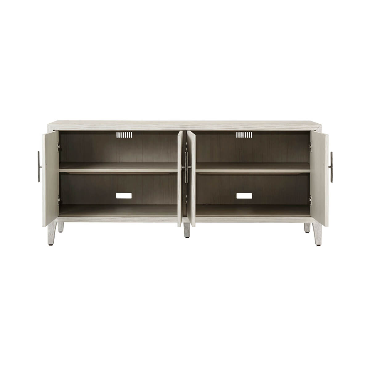 Modern coastal cabinet open doors, interior shelves visible.